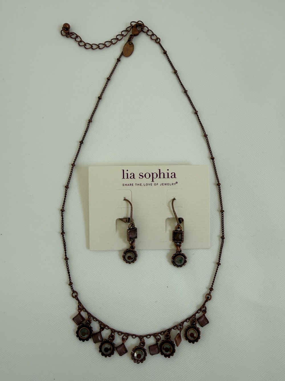 Lia Sophia Vintage-Inspired Copper Flower Drop Earrings and necklace